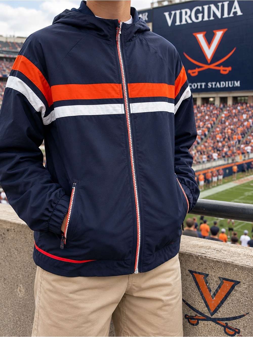 Lands’ End Kids Windbreaker L 14-16 Navy Orange White UVA Fan Colors Jacket